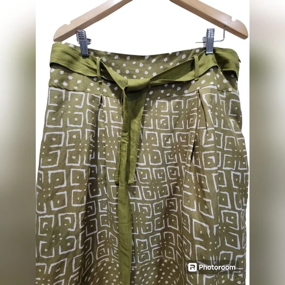 XL Avocado Green Geometric Skirt with Waist Tie String Side Zipper Liner Midi - Picture 3 of 8